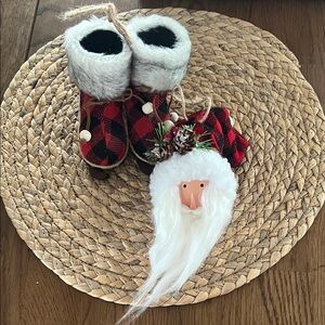 Plaid Baby Booties with Santa Ornament